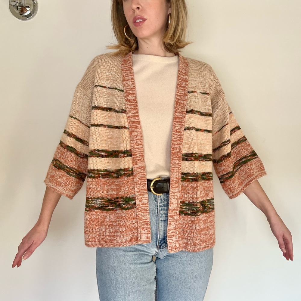 Vintage 70s Neutral Wide Sleeve Open Knit Cardigan - image 2